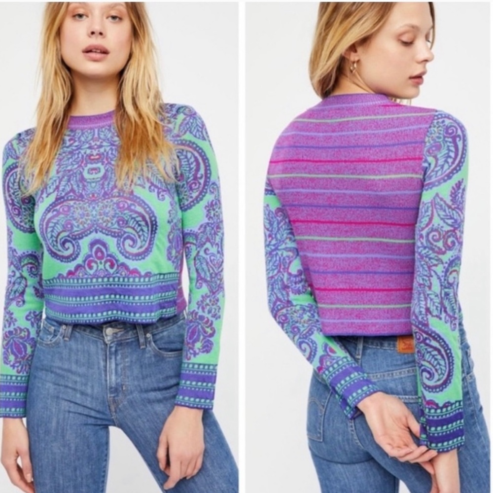 Free People Rayon Purple Green Sweater Medium